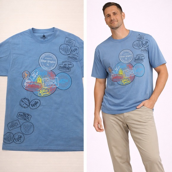 Disney Parks Other - Disney Parks Mens 2XL Blue Passport Stamp Graphic Shirt Walt Disney World Cotton